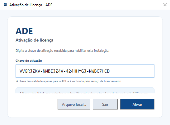Tela de ativação de licença do ADE